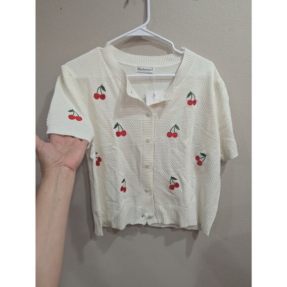 Cute cream short sleeve button cardigan by Bbonlinedress w/cherry embroidery XL - Picture 4 of 9